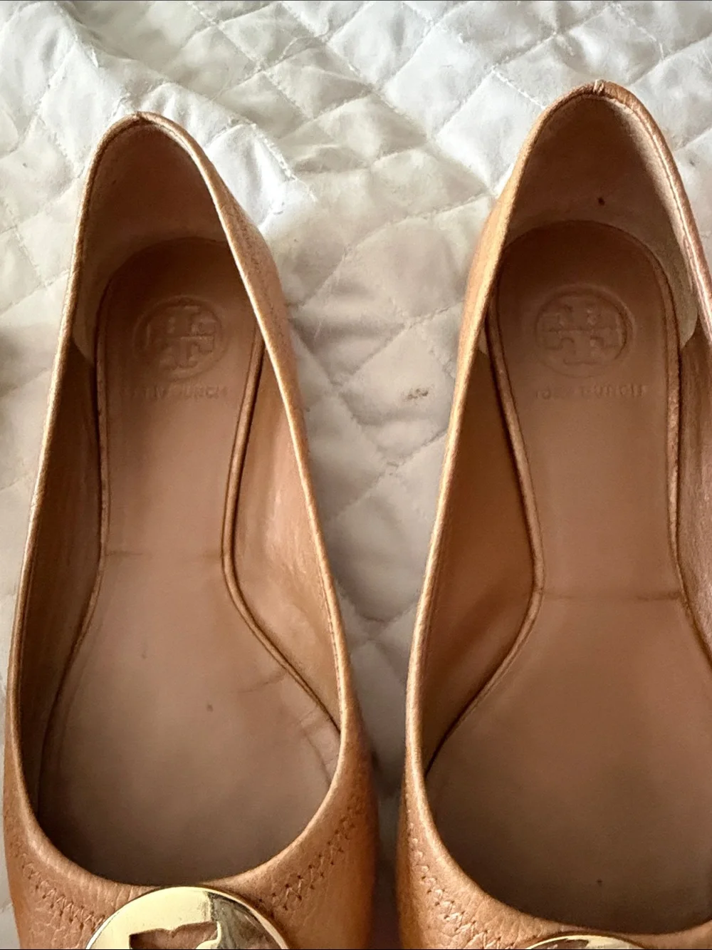 Tory Burch Caramel Leather Logo Ballet Flats with Gold Medallions